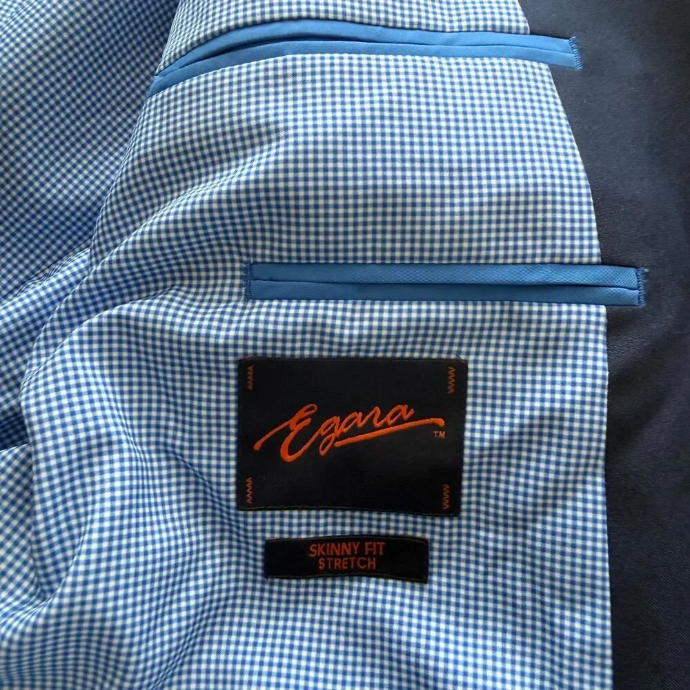 Egara Men's 44 Long Skinny Fit Stretch Suit Blazer Navy Blue Gingham Lined